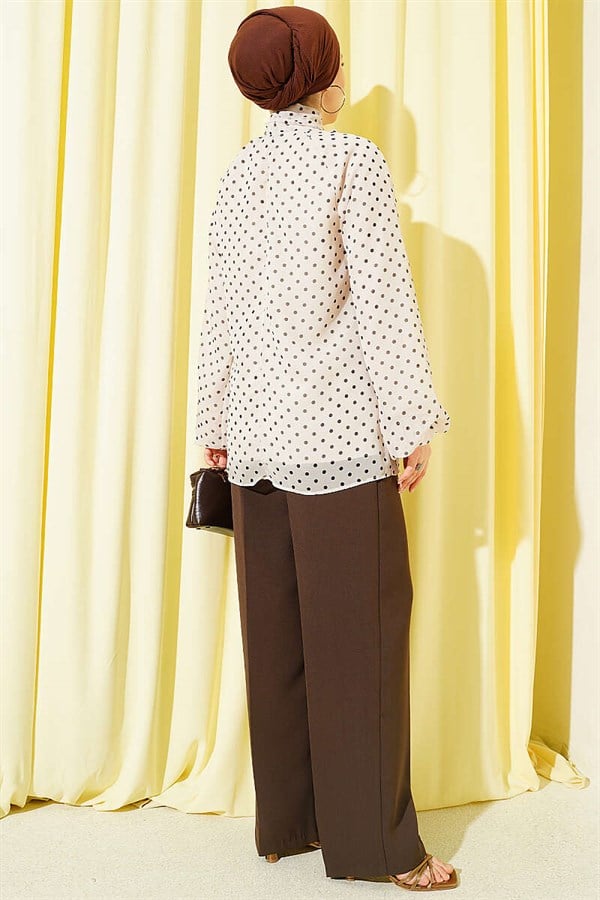 Polka Dot Tie-Neck Chiffon Tunic, Beige