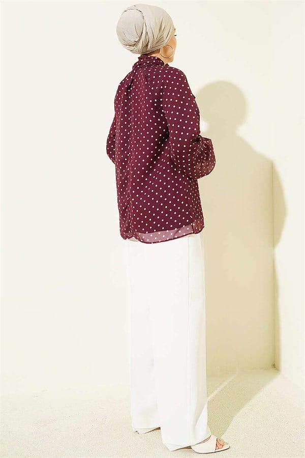 Polka Dot Tie-Neck Chiffon Tunic in Burgundy