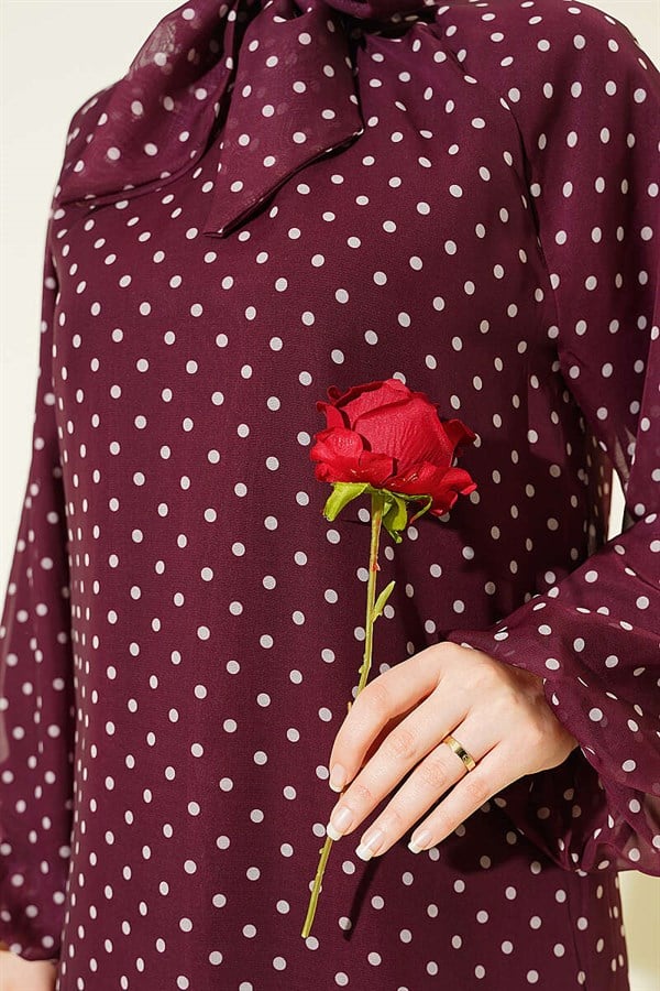 Polka Dot Tie-Neck Chiffon Tunic in Burgundy
