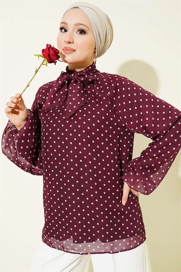 Polka Dot Tie-Neck Chiffon Tunic in Burgundy