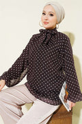Polka Dot Tie-Neck Chiffon Tunic, Brown