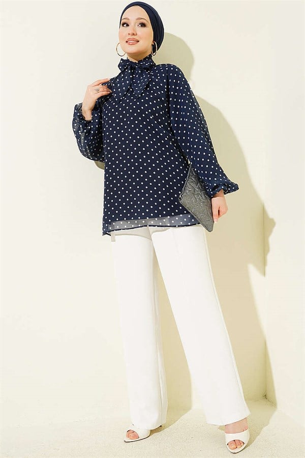 Polka Dot Chiffon Tunic with Tie Neckline, Navy Blue