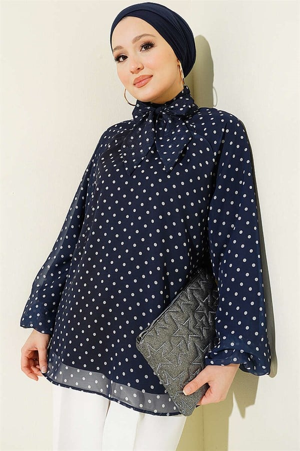 Polka Dot Chiffon Tunic with Tie Neckline, Navy Blue