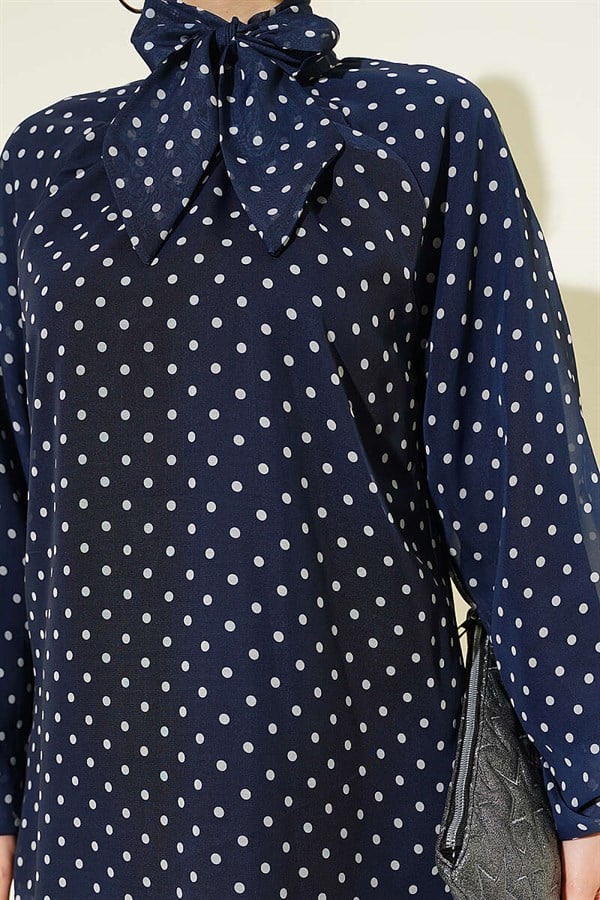 Polka Dot Chiffon Tunic with Tie Neckline, Navy Blue