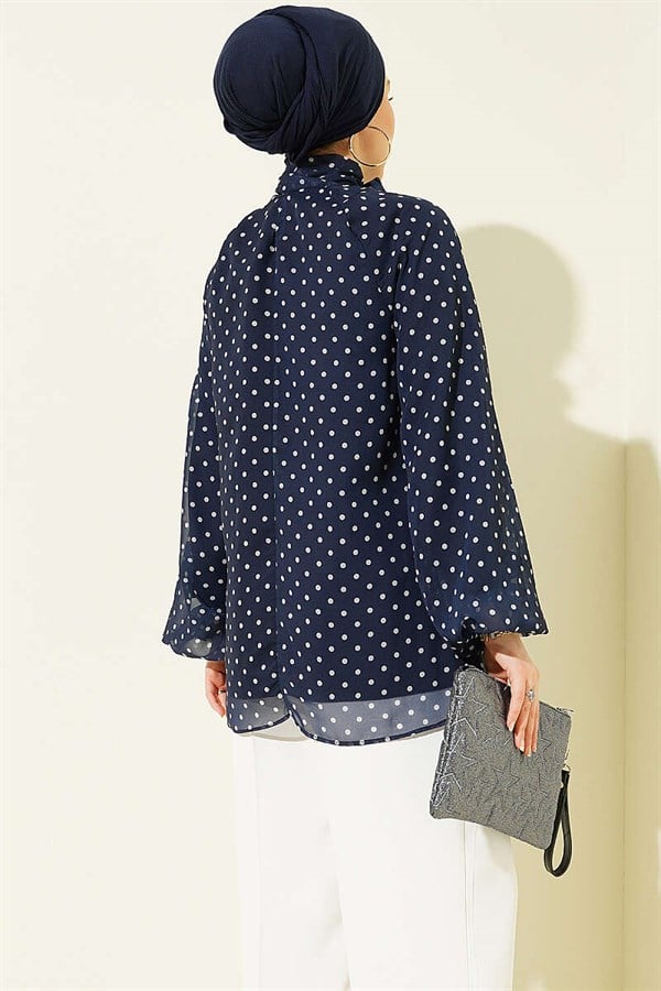 Polka Dot Chiffon Tunic with Tie Neckline, Navy Blue