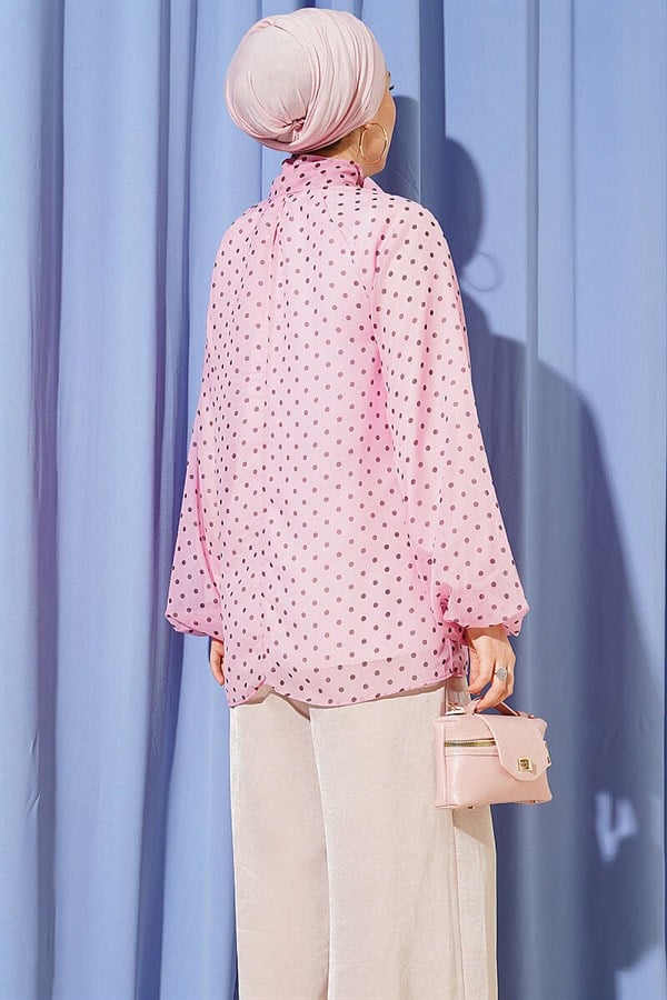 Pink Polka Dot Tie-Neck Chiffon Tunic