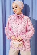Pink Polka Dot Tie-Neck Chiffon Tunic