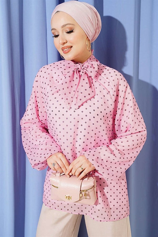 Pink Polka Dot Tie-Neck Chiffon Tunic
