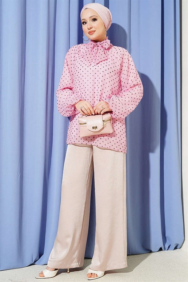 Pink Polka Dot Tie-Neck Chiffon Tunic