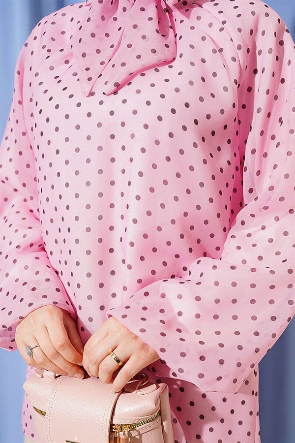 Pink Polka Dot Tie-Neck Chiffon Tunic