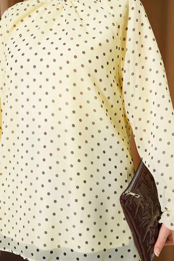 Polka Dot Tie-Neck Chiffon Tunic, Yellow