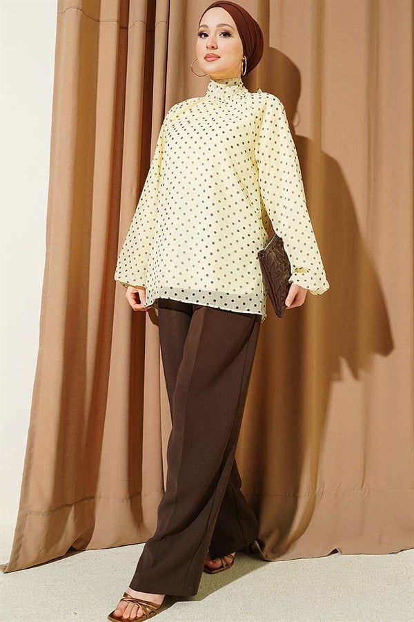 Polka Dot Tie-Neck Chiffon Tunic, Yellow