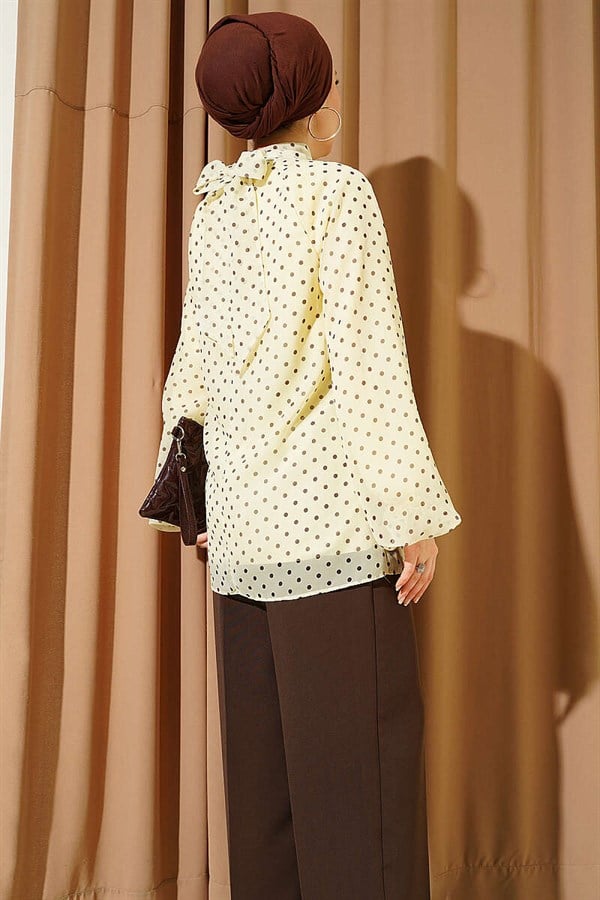 Polka Dot Tie-Neck Chiffon Tunic, Yellow