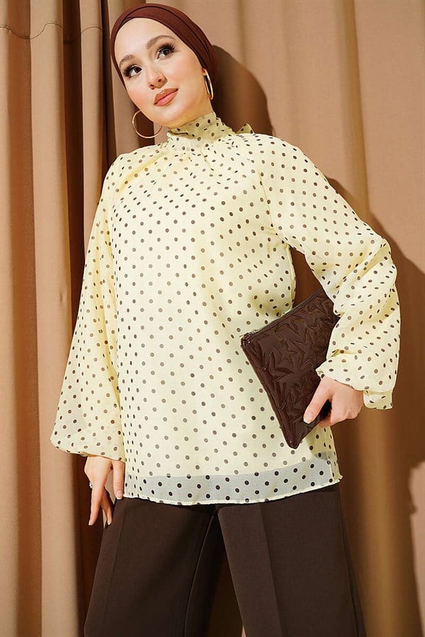 Polka Dot Tie-Neck Chiffon Tunic, Yellow