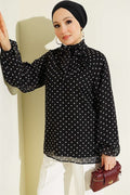 Polka Dot Tie-Neck Chiffon Tunic, Black