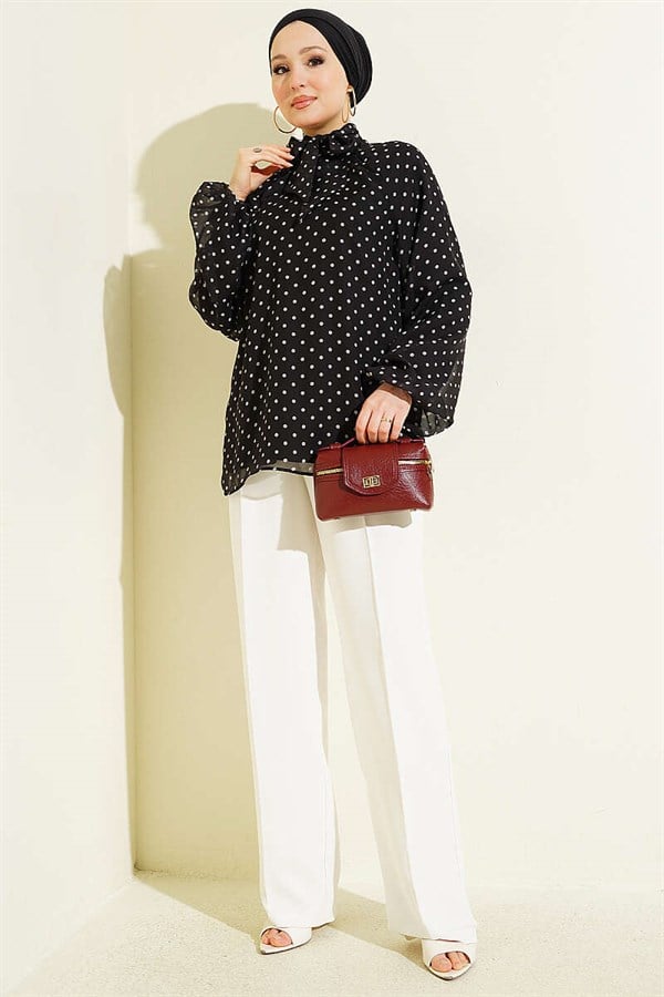 Polka Dot Tie-Neck Chiffon Tunic, Black