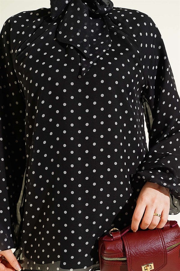 Polka Dot Tie-Neck Chiffon Tunic, Black