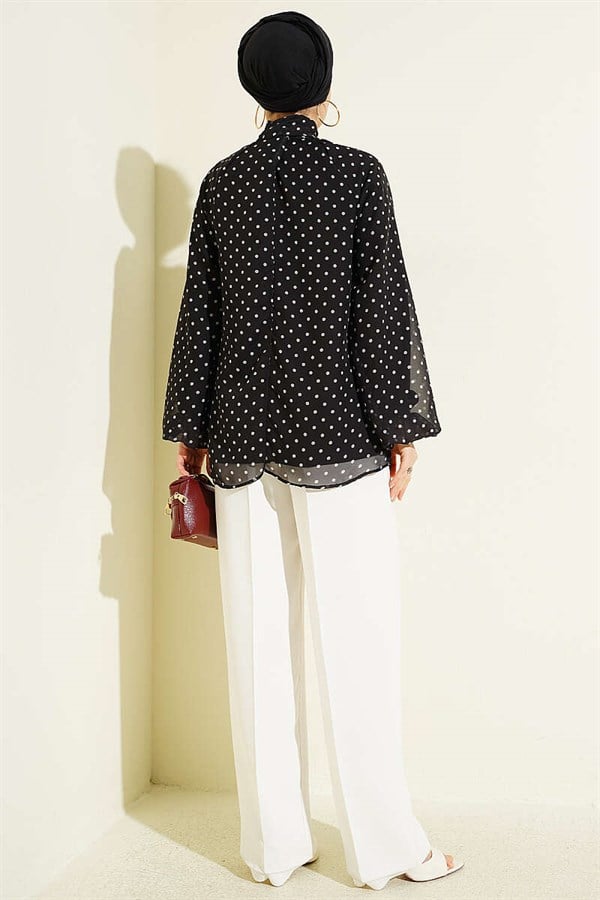 Polka Dot Tie-Neck Chiffon Tunic, Black
