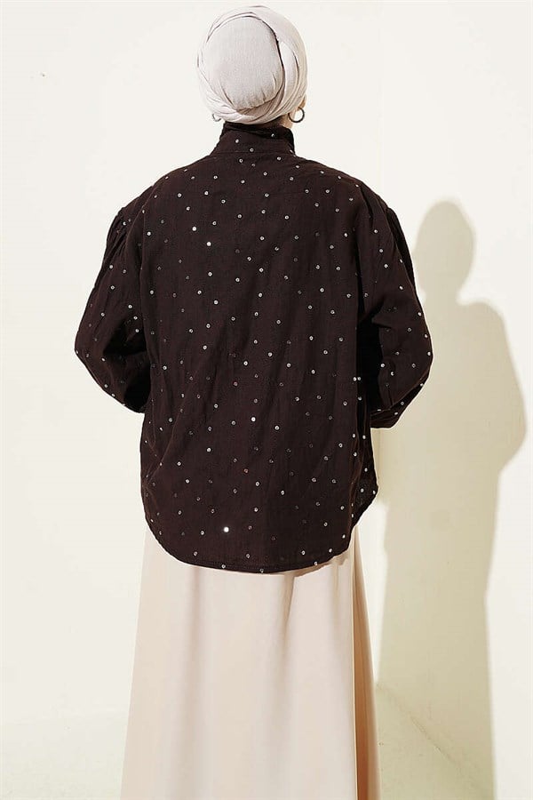 Sequined Detail Balloon Sleeve Short Shirt Brown