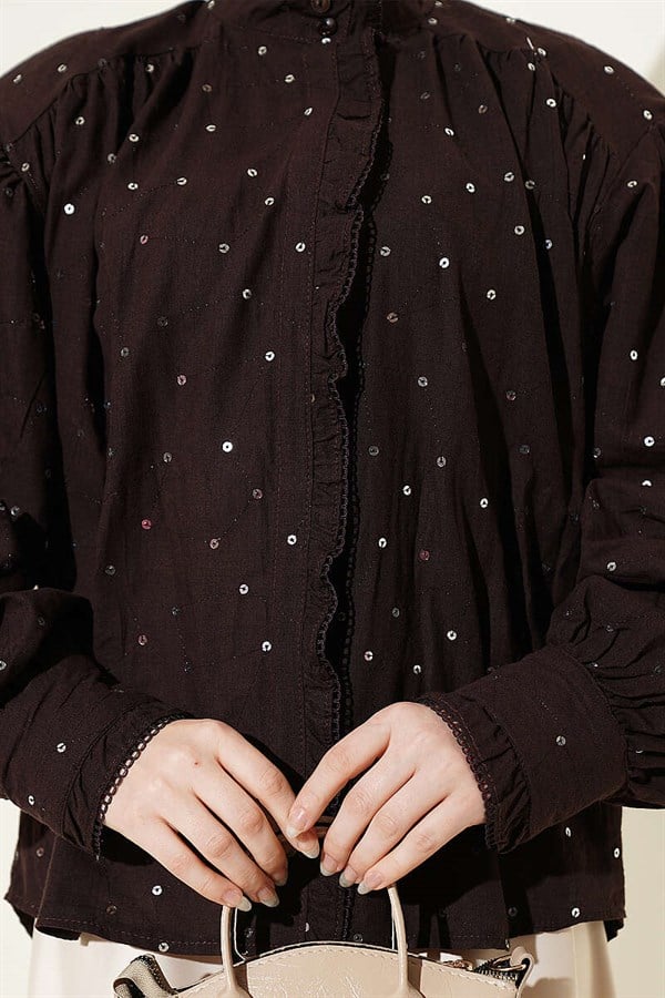 Sequined Detail Balloon Sleeve Short Shirt Brown