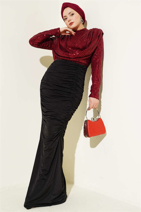 Sequined Gathered Evening Dress in Burgundy