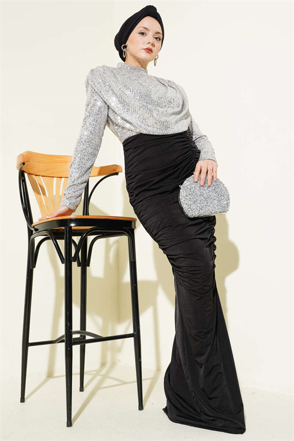 Sequined Gathered Evening Dress in Silver