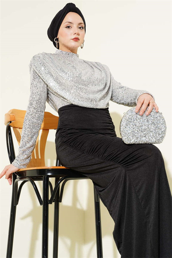 Sequined Gathered Evening Dress in Silver