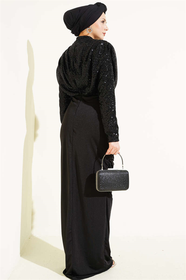 Sequined Gathered Evening Dress, Black