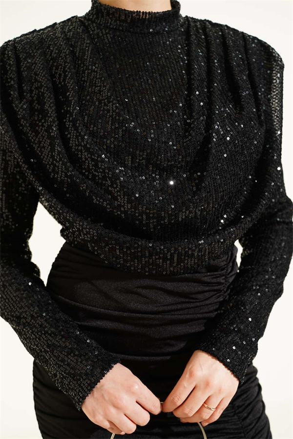 Sequined Gathered Evening Dress, Black