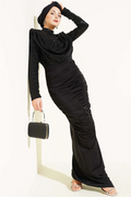 Sequined Gathered Evening Dress, Black