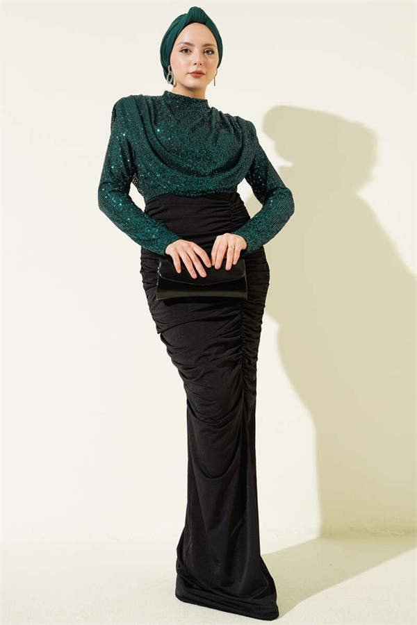 Emerald Green Sequined Ruched Evening Dress