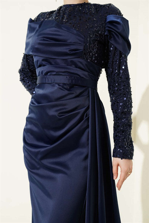 Navy Blue Evening Dress with Sequin Detail and Train