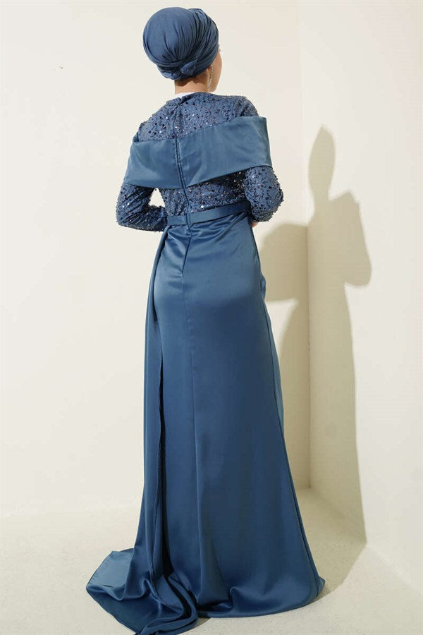 Sequined Detailed Evening Dress with Train, Blue