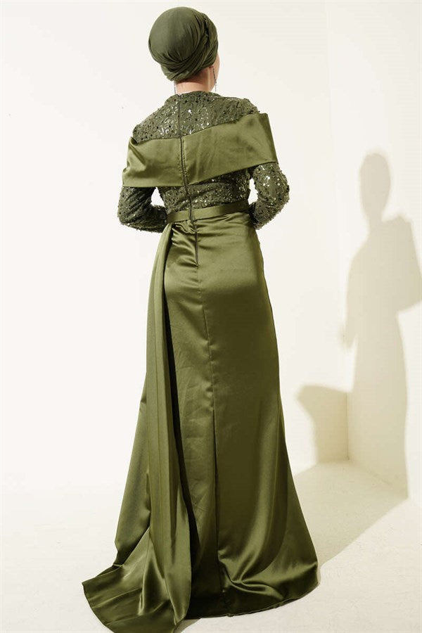 Sequined Detailed Train Evening Dress Khaki