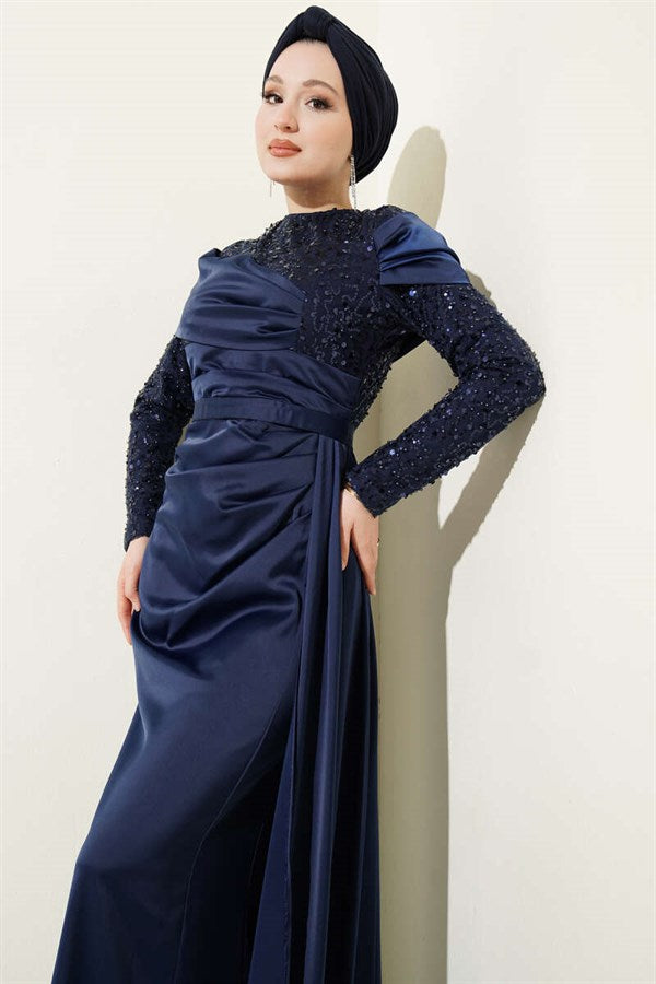 Navy Blue Evening Dress with Sequin Detail and Train