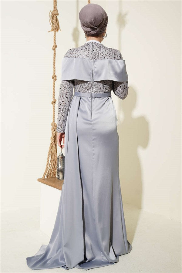 Grey Evening Dress with Sequin Detail and Train
