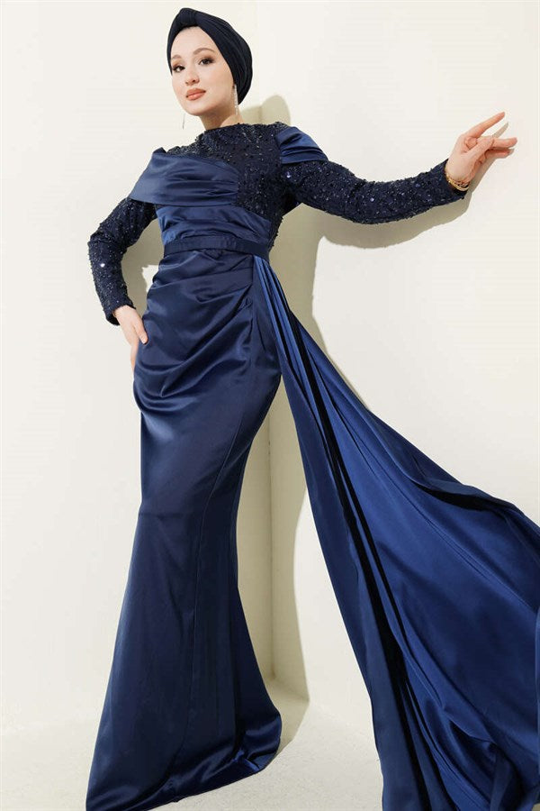 Navy Blue Evening Dress with Sequin Detail and Train