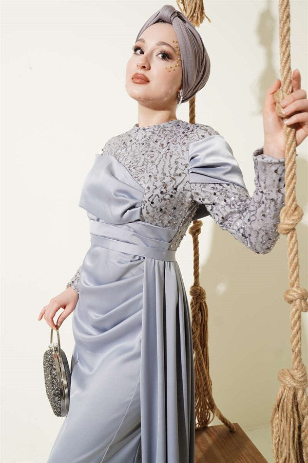 Grey Evening Dress with Sequin Detail and Train