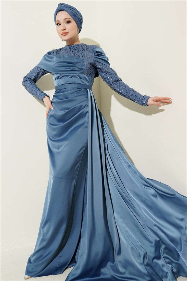 Sequined Detailed Evening Dress with Train, Blue