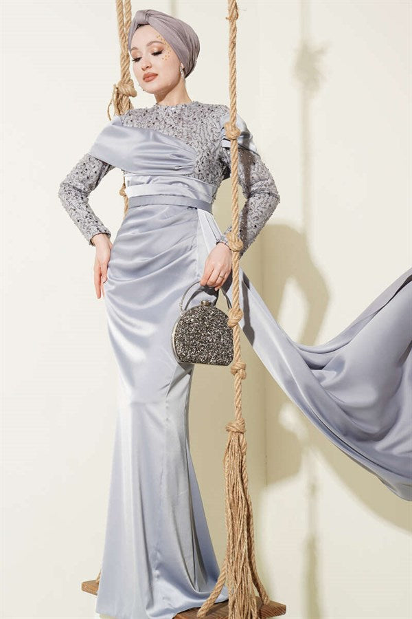 Grey Evening Dress with Sequin Detail and Train