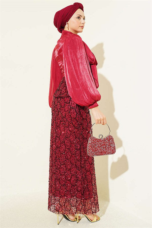 Evening Dress 2 Piece Set with Sequin Skirt in Burgundy