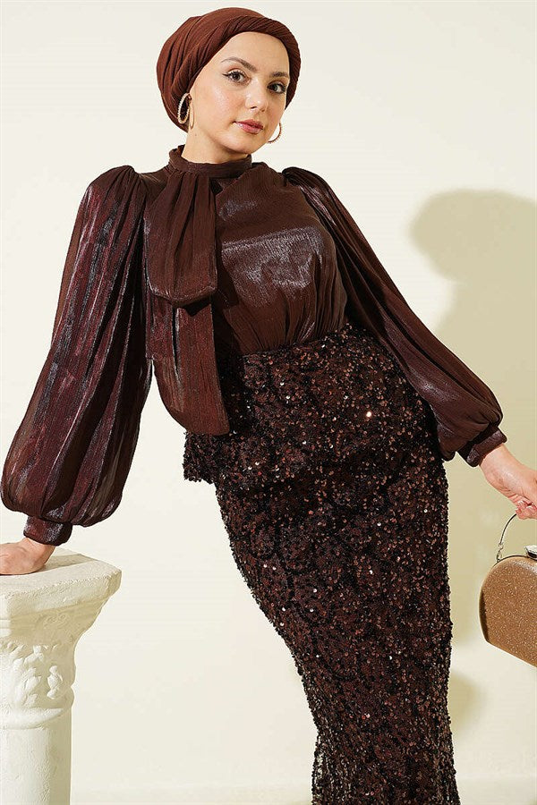 Sequined Skirt Evening Dress 2 Piece Set in Coffee Brown