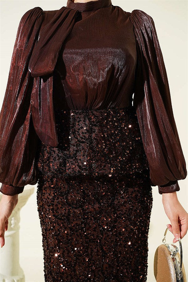 Sequined Skirt Evening Dress 2 Piece Set in Coffee Brown