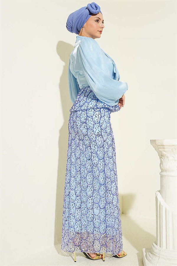 Sequined Skirt Evening Dress 2 Piece Set, Blue