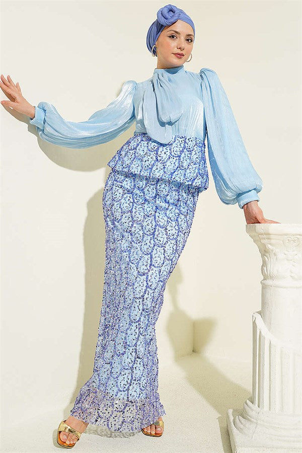 Sequined Skirt Evening Dress 2 Piece Set, Blue