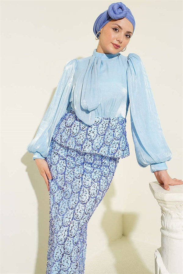 Sequined Skirt Evening Dress 2 Piece Set, Blue