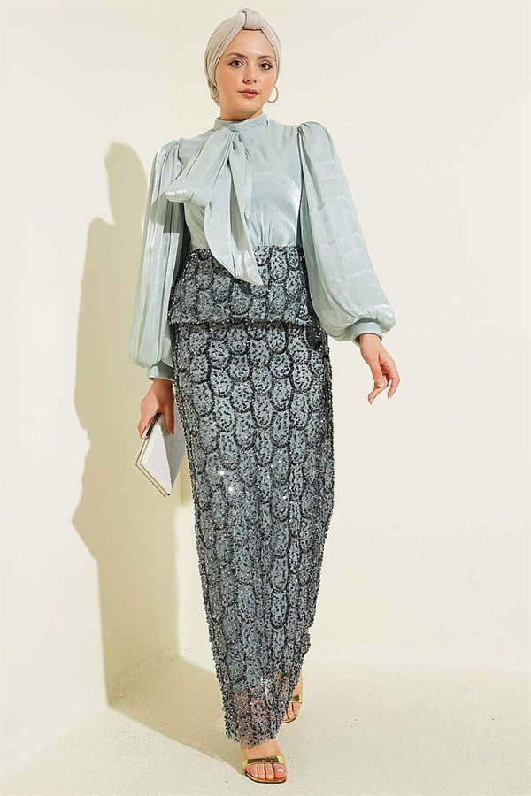 Sequined Skirt Evening Dress 2 Piece Set in Mint