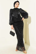 Sequined Skirt Evening Dress 2 Piece Set, Black