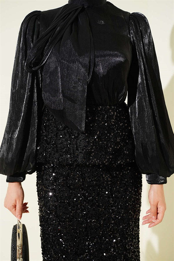 Sequined Skirt Evening Dress 2 Piece Set, Black