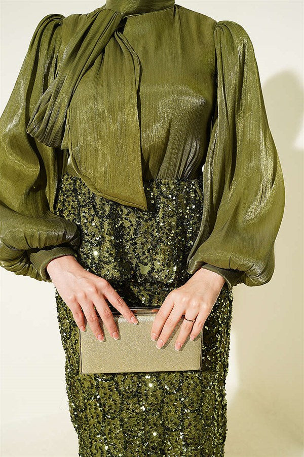 Sequined Skirt Evening Dress 2 Piece Set in Olive Green